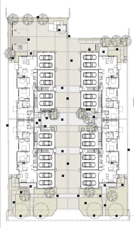 Map of condo tract with 12 units and driveway through the middle